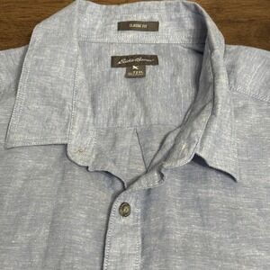 Eddie Bauer Shirt Men's XXL Tall Blue Linen Blend Short Sleeve Button Down T2XL